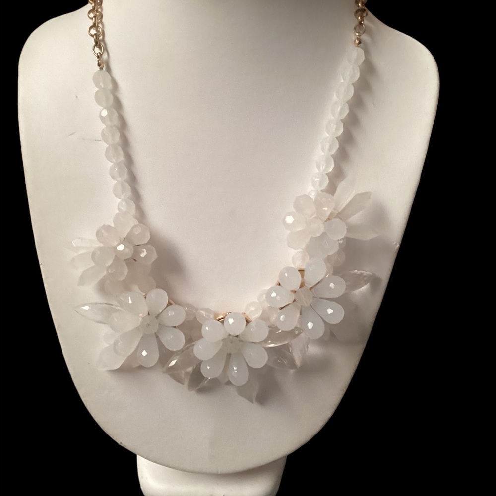White Statement Bib Necklace with flowers